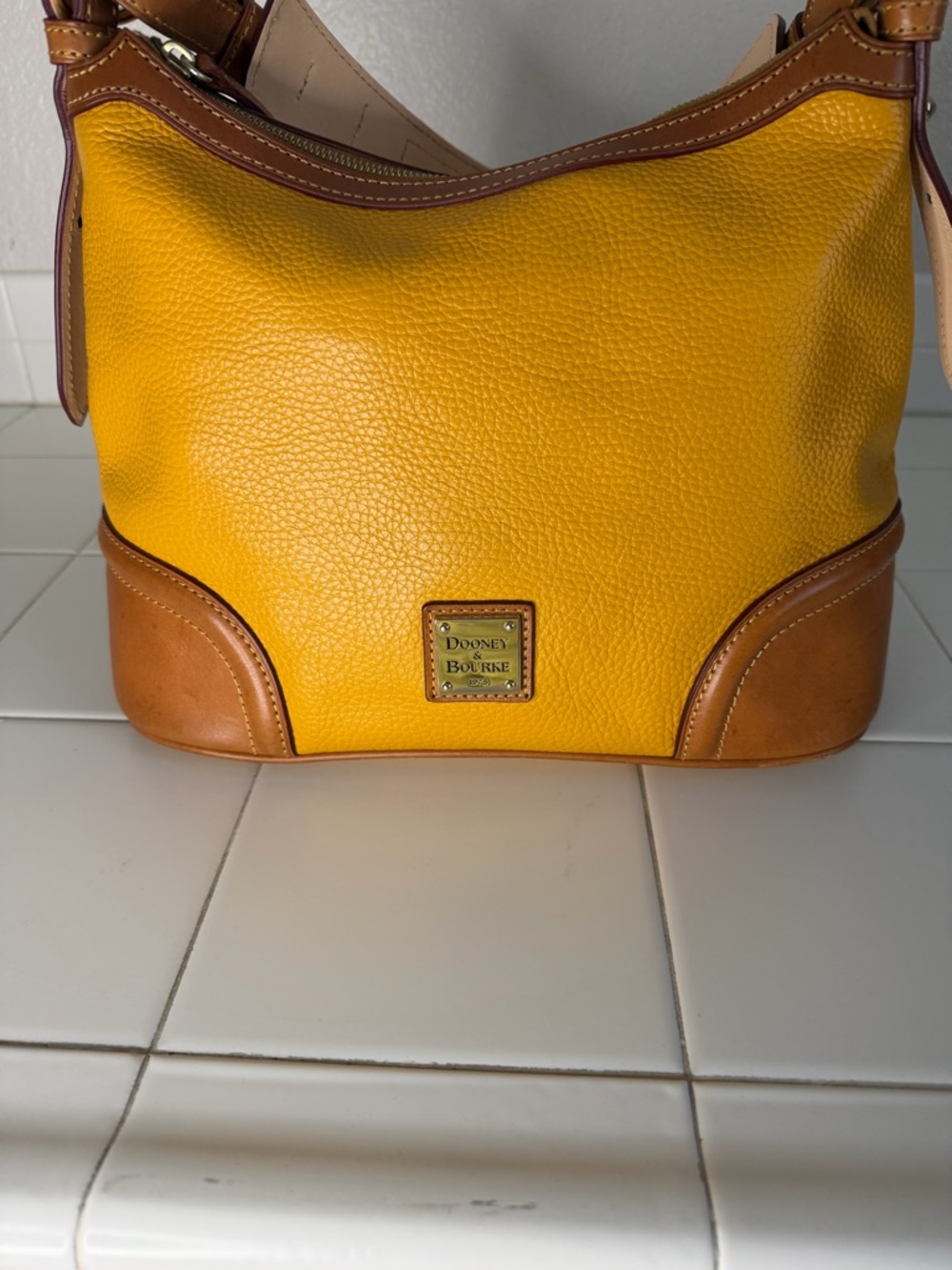 Dooney & Bourke Bright Yellow Pebbled Leather Hobo with Tan Trim